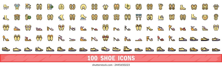 100 shoe icons set. Color line set of shoe vector icons thin line color flat on white