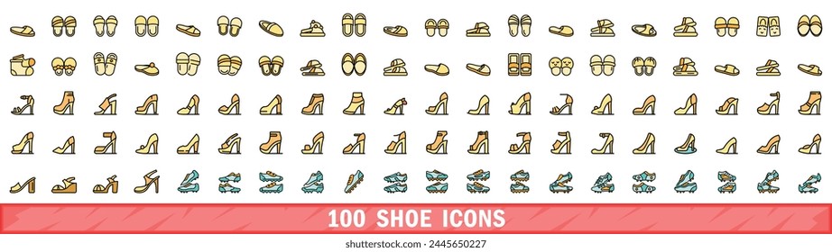 100 shoe icons set. Color line set of shoe vector icons thin line color flat on white