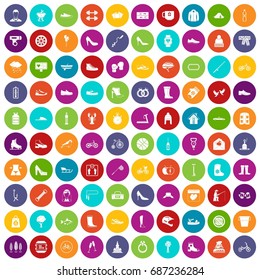 100 shoe icons set in different colors circle isolated vector illustration