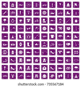100 shoe icons set in grunge style purple color isolated on white background vector illustration