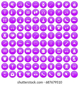 100 shoe icons set in purple circle isolated on white vector illustration