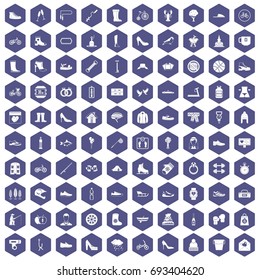 100 shoe icons set in purple hexagon isolated vector illustration