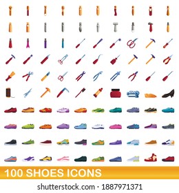 100 shoes icons set. Cartoon illustration of 100 shoes icons vector set isolated on white background