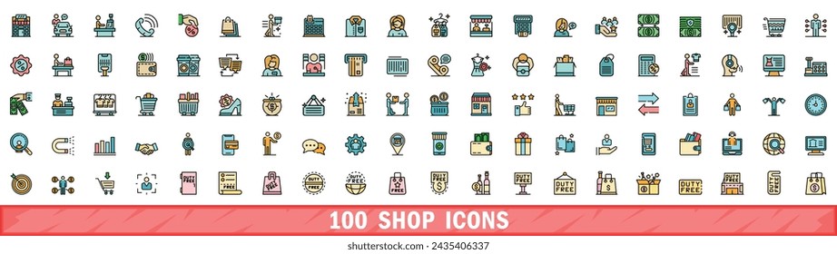 100 shop icons set. Color line set of shop vector icons thin line color flat on white