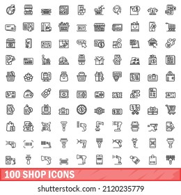 100 shop icons set. Outline illustration of 100 shop icons vector set isolated on white background