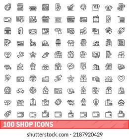 100 shop icons set. Outline illustration of 100 shop icons vector set isolated on white background