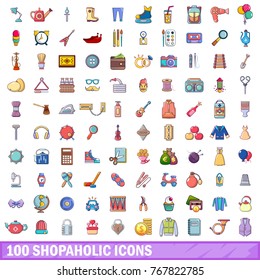 100 shopaholic icons set. Cartoon illustration of 100 shopaholic vector icons isolated on white background