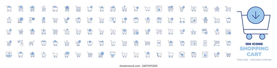 100 Shopping cart Icons Collection. Line Duotone style, editable stroke. delivery box, customer, global, consumerism, online shopping, shopping cart, cart, sale, bitcoin.