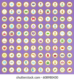 100 shopping icons set in cartoon style on purple background vector illustration
