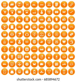 100 shopping icons set in orange circle isolated on white vector illustration