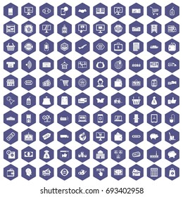 100 shopping icons set in purple hexagon isolated vector illustration