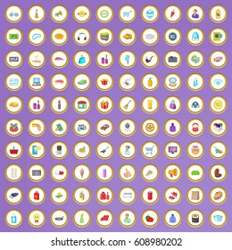 100 shopping products icons set in cartoon style on purple background vector illustration