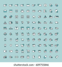 100 shopping, shipping and delivery icons set on blue background