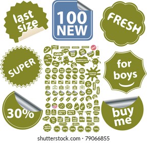 100 shopping stickers, icons, signs, vector illustrations