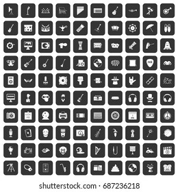 100 show business icons set in black color isolated vector illustration