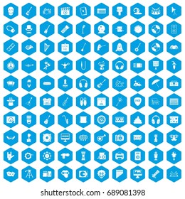100 show business icons set in blue hexagon isolated vector illustration
