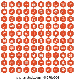 100 show business icons set in orange hexagon isolated vector illustration