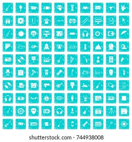 100 show business icons set in grunge style blue color isolated on white background vector illustration