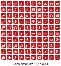 100 show business icons set in grunge style red color isolated on white background vector illustration