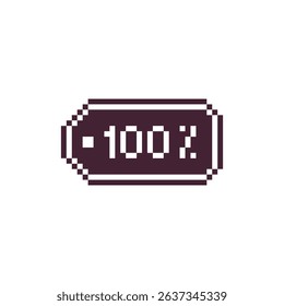 100% sign, discount tag template badge pixel art icon. Shop symbol design for logo, sticker, mobile app, website, badges and patches. 8-bit sprite. Isolated vector illustration.