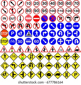 100 sign traffic that include ,warning sign ,turn sign ,Speed limit