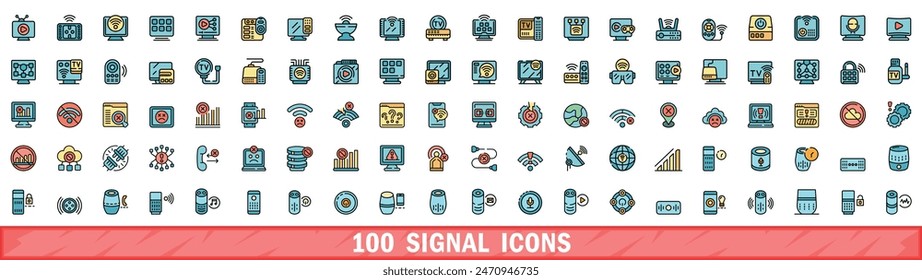 100 signal icons set. Color line set of signal vector icons thin line color flat on white