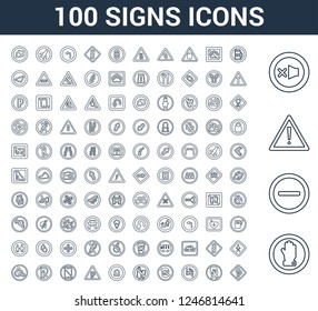 100 Signs universal linear icons set with Silence, Restaurant, Waiting room, Lost items, No touch, phone, Wheelchair, Air conditioner, Garbage, Nuclear