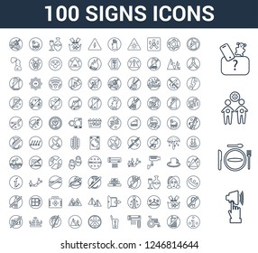 100 Signs universal linear icons set with No entry, Warning, Silence, alcohol, Train, animals, food, drinks, Warning
