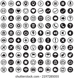 100 simple icons, circles, vector art, black and white icons