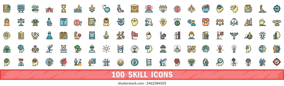 100 skill icons set. Color line set of skill vector icons thin line color flat on white