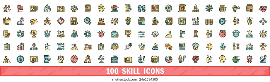 100 skill icons set. Color line set of skill vector icons thin line color flat on white