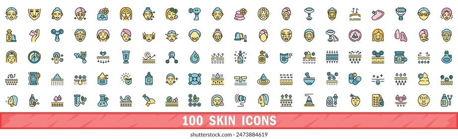 100 skin icons set. Color line set of skin vector icons thin line color flat on white