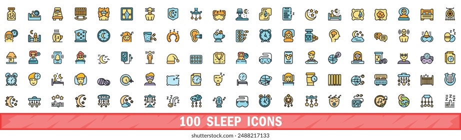 100 sleep icons set. Color line set of sleep vector icons thin line color flat on white