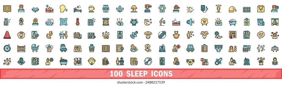 100 sleep icons set. Color line set of sleep vector icons thin line color flat on white