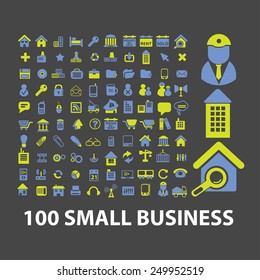 100 small business, management, marketing, sales, retail icons, signs, illustrations on background set, vector