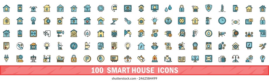 100 smart house icons set. Color line set of smart house vector icons thin line color flat on white