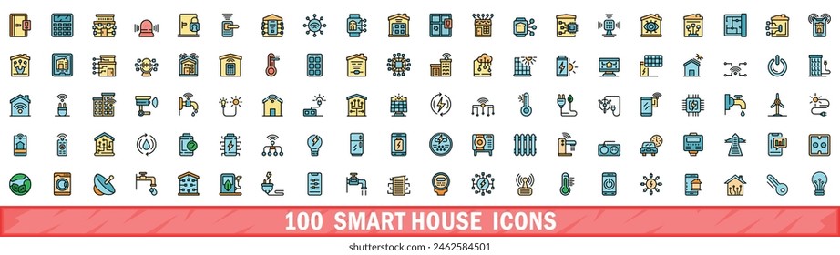 100 smart house icons set. Color line set of smart house vector icons thin line color flat on white