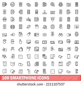 100 smartphone icons set. Outline illustration of 100 smartphone icons vector set isolated on white background