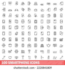 100 iconos para smartphones. Ilustración de esquema de 100 iconos de smartphone conjunto aislado en fondo blanco