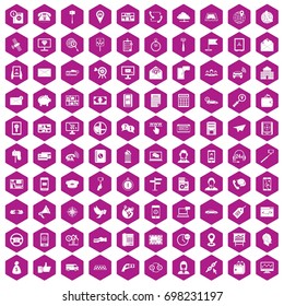 100 smartphone icons set in violet hexagon isolated vector illustration
