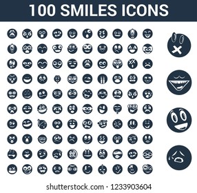 100 Smiles universal icons set with Sad, Happy, Laughing, Shocked, In love, Sick, Wink, Nerd