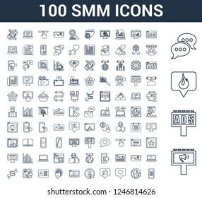 100 SMM universal linear icons set with Advertising, Ads, Trending, Chat, Internet, Like, Pay per click, Video player
