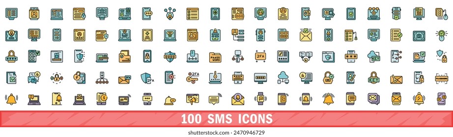 100 sms icons set. Color line set of sms vector icons thin line color flat on white