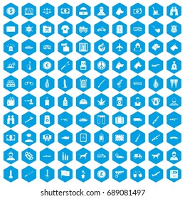 100 smuggling  icons set in blue hexagon isolated vector illustration