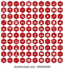 100 smuggling  icons set in red hexagon isolated vector illustration