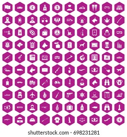 100 smuggling  icons set in violet hexagon isolated vector illustration