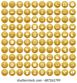 100 sneakers icons set in gold circle isolated on white vectr illustration