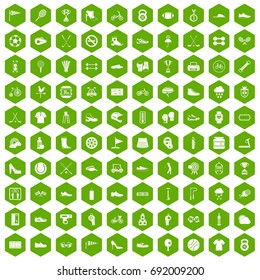100 sneakers icons set in green hexagon isolated vector illustration