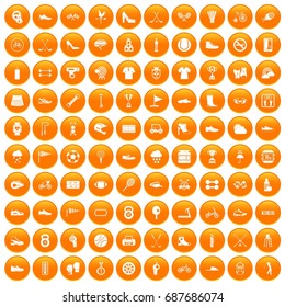 100 sneakers icons set in orange circle isolated vector illustration