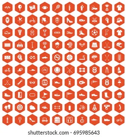 100 sneakers icons set in orange hexagon isolated vector illustration